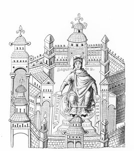 Ein karolingischer König in seinem Palast, personifiziert Weisheit, die an die gesamte Menschheit appelliert, nach einer Miniatur in einem Manuskript, kopiert von Graf Horace de Viel-Castel (1798-1864)