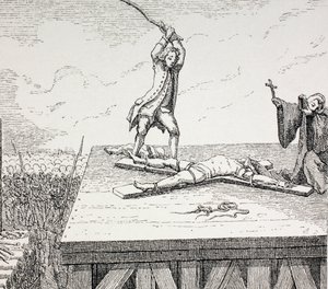 Ein zum Tode verurteilter Verbrecher wird im 18. Jahrhundert in Frankreich auf einem Andreas-Kreuz gebrochen, 1875 von French School