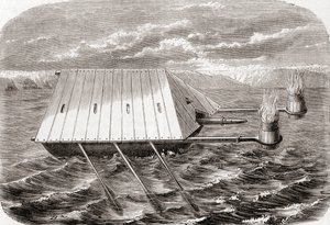 Ein griechisches Feuerschiff, nach einer Zeichnung in einem lateinischen Manuskript aus dem 13. Jahrhundert, aus „Les Merveilles de la Science“, veröffentlicht ca. 1870 (Gravur) von French School