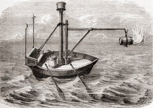 Ein griechisches Feuerschiff, nach einer Zeichnung in einem lateinischen Manuskript aus dem 13. Jahrhundert, aus Les Merveilles de la Science, veröffentlicht um 1870 (Stich)