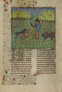 Ein Jäger, der Hunde trainiert, auf das Hornsignal zu reagieren, ca. 1430-40 von French School