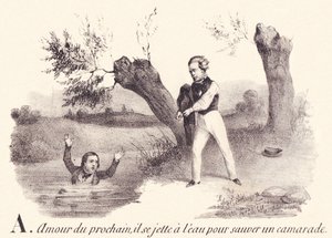 A: Nächstenliebe, er wirft sich ins Wasser, um einen Kameraden zu retten von French School