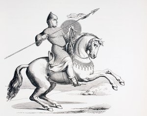 Ein normannischer Ritter in Kettenhemd und Helm mit Speer und Schild