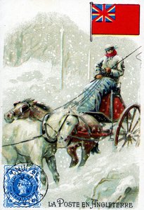 Ein Postbote in England, der im Winter Post zustellt, späte 19. Jahrhundert