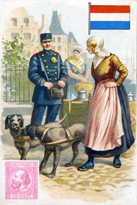 Ein Postbote in Holland, der mit einer Frau spricht, die Milch in einem Hundewagen liefert, späte 19. Jahrhundert von French School