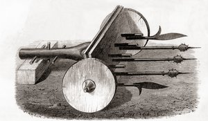 Ein Ribauldequin, Höllenmaschine oder Orgelkanone, bewaffnet mit kleinen Kanonen und Piken, aus Les Merveilles de la Science, veröffentlicht um 1870 (Gravur)