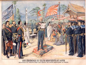 Eine Shinto-Zeremonie in Japan. Admiral Togo spricht zu den Geistern der im Russisch-Japanischen Krieg gefallenen japanischen Helden. Eine Zeremonie des Shinto-Kults in Japan. Ansprache von Admiral Togo.