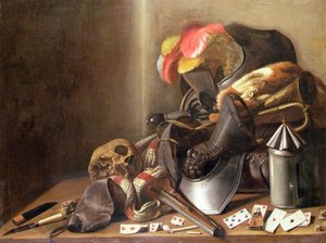 Vanitas-Stillleben mit einem Schädel, Spielkarten und Rüstung von French School