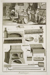 Eine Bäckerei und Backausrüstung, aus der Encyclopedie des Sciences et Metiers von Denis Diderot (1713-84) veröffentlicht ca. 1770