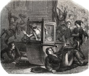 Eine Gruppe von Scherzkeksen hält Marie-Therese Le Vasseur (1721-1801) in einem Karnevalskostüm davon ab, in ihrem Rollstuhl voranzukommen. Sie ist Opfer der Rache eines ihrer ehemaligen Liebhaber. Gravur von 1871 in "Histoire Des Cocus Celebres"