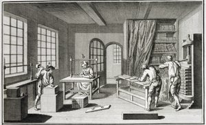 Eine Buchbinderwerkstatt, aus der Encyclopedie des Sciences et Metiers von Denis Diderot (1713-84) veröffentlicht ca. 1770