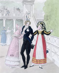 Ein Dandy wird von zwei maskierten Frauen umworben, aus der Serie Le Bon Genre von French School