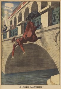 Ein Hund rettet eine Frau vor dem Sturz von einer Brücke (Farblithografie) von French School