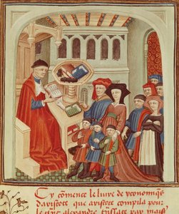 Eine Familie vor einem Finanzier, Miniatur aus Ethik, Politik, die Wirtschaft von Aristoteles, Frankreich von French School