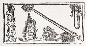 Eine flammende Lanze, eine aufsteigende Flamme und feurige Funken von French School