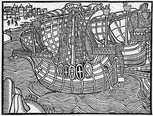 Eine Flotte im 15. Jahrhundert, nach einer Gravur von „Vergier D’honneur“. Gravur in „La Marine et les colonies: commerce“