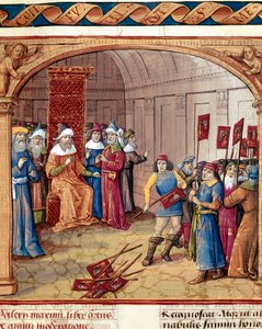 Ein König erhält Banner und Miniaturäxte aus „Dicta et facta memorabilia“ von Valerius Maximus (1410) von French School