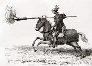 Ein mittelalterlicher Ritter mit einer Feuerlanze, eine der ersten Schießpulverwaffen der Welt, aus Les Merveilles de la Science, veröffentlicht um 1870 (Gravur) von French School