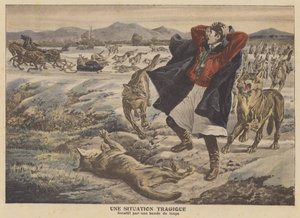 Ein Kaufmann wird von einem Wolfsrudel in Transsilvanien angegriffen (Farblithografie) von French School