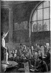Eine Posesitzung in einem Künstleratelier in Paris. Gravur im illustren Journal „La jeunesse“ von French School