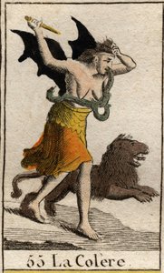 Darstellung des Zorns, in Lumpen gekleidet, sie hält einen Dolch und reißt sich die Haare aus. Aus „Mythologie de la jeunesse“ von Pierre Blanchard 1803. von French School