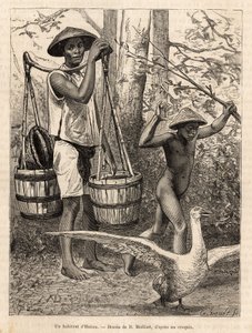 Ein Bewohner von Hatien (Vietnam) trägt Eimer und Korb und ein Kind jagt eine Gans mit einem Stock, Gravur nach einer Zeichnung von Robin, die die Reise nach Cochinchina von Doktor Morice in 1872 illustriert, veröffentlicht in "Le tour du monde" 1875, hera