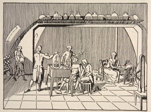 Ein Atmungsexperiment im Labor von Lavoisier, Kopie von Boris Mestchersky, Illustration aus Histoire de la Nation Francaise, Sciences, Bände I & II, von Gabriel Hanotaux, 1924