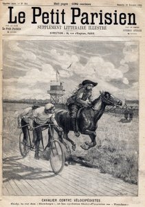 Ein Reiter im Rennen gegen Velocipedisten: William Frederic Cody (1846-1917), bekannt als Buffalo Bill, bekannt als König der Cowboys, und die Radfahrer Gaby und Fournier im Tandem. In der Zeitung „Le Petit Parisien“ am 26.11.1893 (Gravur) von French School