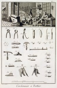 Ein Schuh- und Stiefelmacher und ihre Werkzeuge, aus der Encyclopedie des Sciences et Metiers von Denis Diderot (1713-84) veröffentlicht ca. 1770 von French School