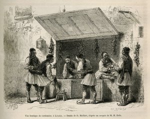 Eine Schusterwerkstatt und seine Kundschaft in Livadie, Zeichnung von D. Maillard zur Illustration der Geschichte von Henri Belle: Reise nach Griechenland