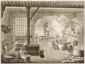 Eine Seidenfärberei, aus der Encyclopedie des Sciences et Metiers von Denis Diderot (1713-84) veröffentlicht ca. 1770
