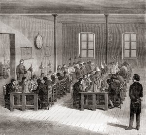 Eine Telegrafenstation in Paris, Frankreich um 1870, aus Les Merveilles de la Science, veröffentlicht um 1870 (Gravur)