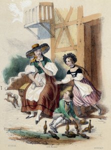 Eine Frau und zwei Kinder spielen Bowling; Illustration für die Schweiz in „Les twelve Nations“ von M.E. Fouinet von French School