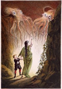 Eine Frau und ein Junge werden von zwei riesigen Kraken angegriffen - in „Reise zum Meeresgrund“ von H. de la Blanchère. Paris, ed. Jouvet et Cie, sd. 1880