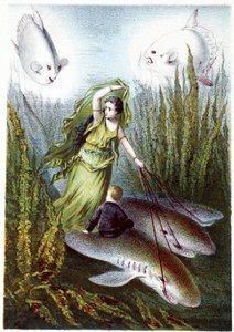 Eine Frau und ein Junge fliehen vor riesigen Fischen auf Haien - in "Reise zum Meeresgrund" von H. de la Blanchère. Paris, ed. Jouvet et Cie, sd. 1880 von French School