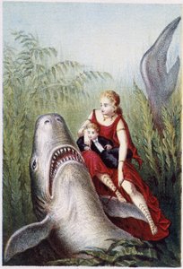 Eine Frau und ein Junge reiten auf einem Hai - in „Reise zum Meeresgrund“ von H. de la Blanchère. Paris, ed. Jouvet et Cie, sd. 1880.