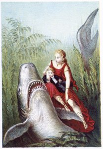 Eine Frau und ein Junge reiten auf einem Hai - in „Reise zum Meeresgrund“ von H. de la Blanchère. Paris, ed. Jouvet et Cie, sd. 1880.