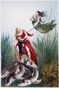 Eine Frau greift eine andere Frau und einen Jungen an, geführt von Delfinen - in "Reise zum Meeresgrund" von H. de la Blanchère. Paris, ed. Jouvet et Cie, sd. 1880. (doppelt 02947) von French School