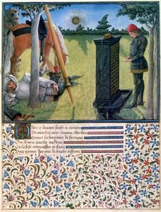 Ein junger Ritter steht vor einem Grabstein, während sein Diener in der Nähe ihrer Pferde schläft, aus Livre du Coeur d