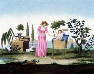 Eine junge Mutter mit ihrem Neugeborenen. Kunstdeko. Um 1810