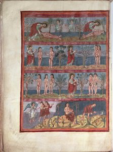 Adam und Eva, aus der Moutier-Grandval-Bibel, illuminiert in der karolingischen Abtei St. Martin, Tours, Latein, ca. 834-843 von French School