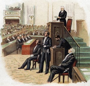 Adolphe Thiers (1797-1877), Präsident der Republik, am Rednerpult der Nationalversammlung im Jahr 1872 - Chromolithographie (Chromo) Anfang des 20. Jahrhunderts