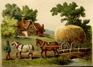 Werbe-Chromolithographie, geschnitzt, die eine ländliche Szene darstellt, zwei Pferde, die von einem Bauern geführt werden und einen Strohwagen ziehen