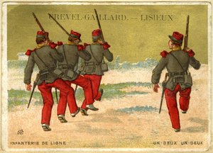 Werbe-Chromolithographie von Grevel-Gaillard, Lisieux, Infanterie in Linie, eins zwei, eins zwei von French School