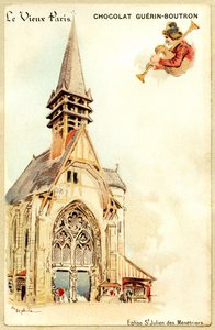 Werbechromolithografie von Guerin Boutron Schokoladen, LE VIEUX PARIS, Saint Julien des Ménétriers Kirche von French School
