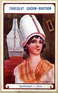 Werbe-Chromolithographie von Chocolats Guerin Boutron, die Kopfbedeckungen der Regionen Frankreichs, Quilleboeuf, Eure, Illustration Emile Jammes