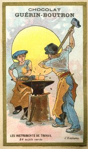 Werbechromolithografie von Guerin Boutron Schokoladen, Arbeitsinstrumente, 84 verschiedene Motive, der Amboss von French School