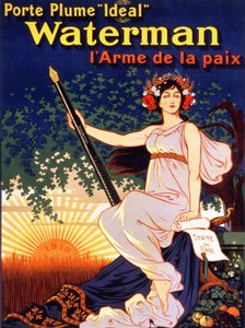 Werbeplakat für „Ideal Waterman Füllfederhalter, die Waffe des Friedens“ (eine Frau hält den Friedensvertrag und eine Waterman-Feder). Lithographie 1919 von French School