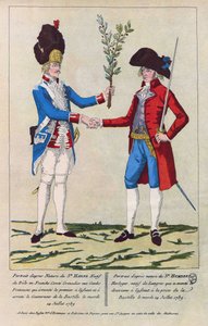 Porträt nach der Natur von Sieur Harne, Grenadier und Sieur Humbert, Uhrmacher. Sie waren die ersten Männer, die während der Eroberung der Bastille am 14. Juli 1789 angegriffen wurden. Gravur von 1790. von French School