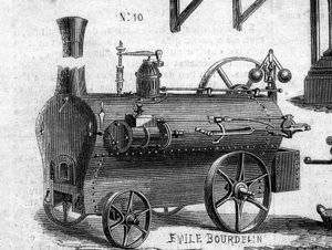 Landwirtschaftsmaschine: eine Lokomobile, präsentiert auf dem Pariser Landwirtschaftswettbewerb im Jahr 1860. Gravur in „Le Monde Illustré“ Nr. 169 vom 7. Juli 1860.